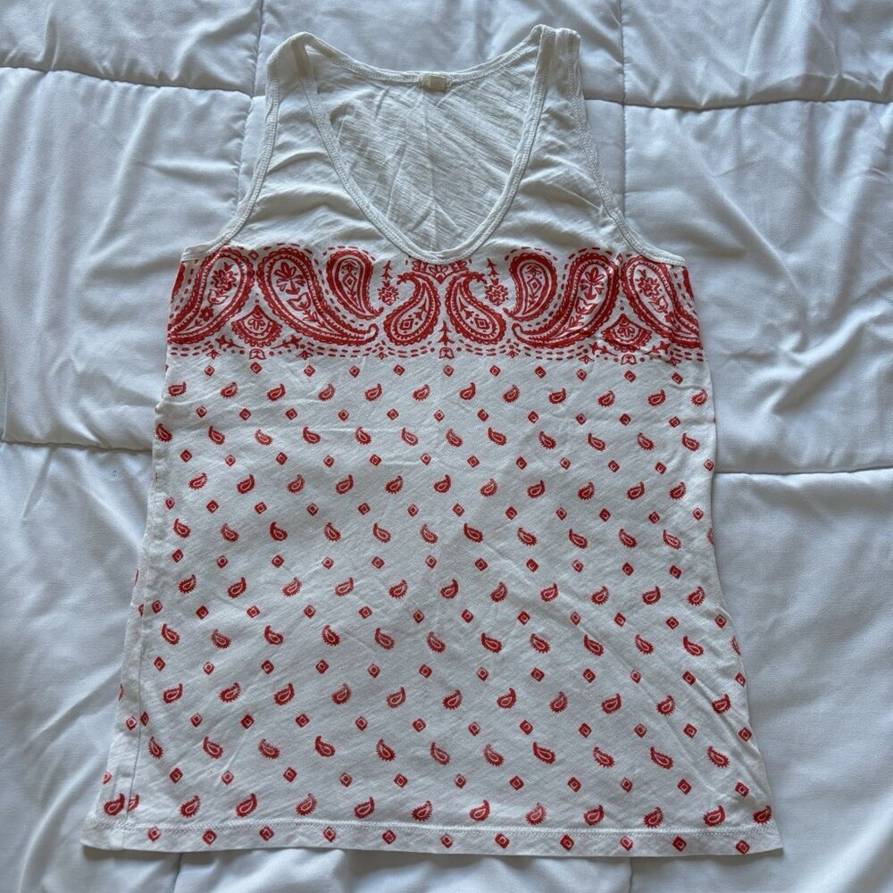 J. Crew Womens Size Small 100% Cotton Tank Top Scoop Neck White Orange Paisley